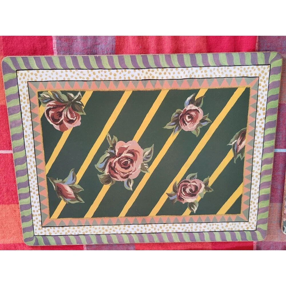 Set of 5 Mackenzie Childs Cork Placemats 3 Courtly Check Fish 2 Roses Floral
